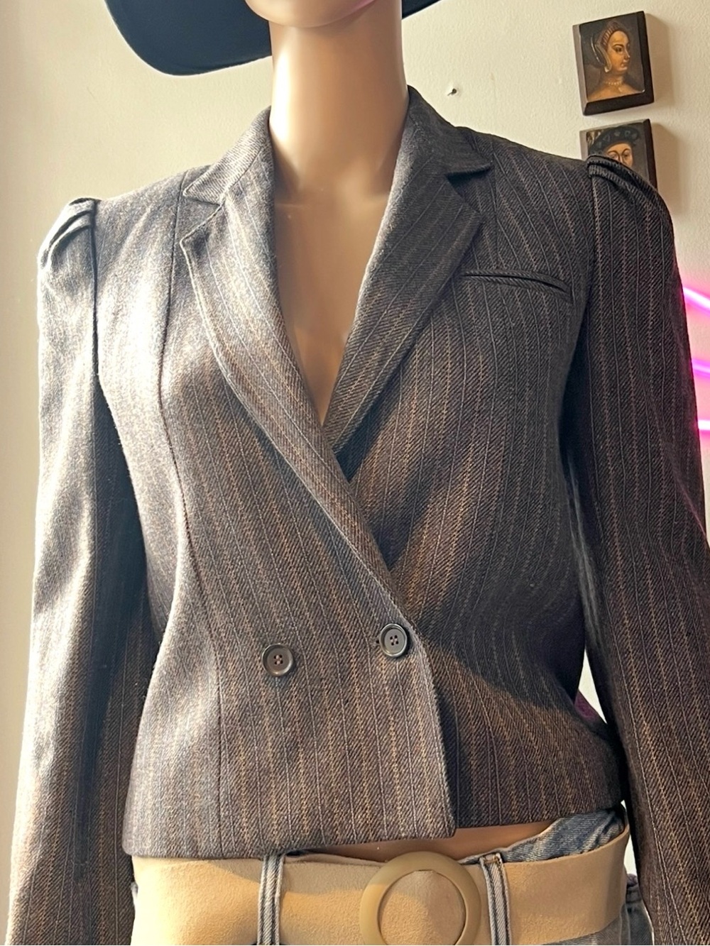 Vintage EGO Brand Grey Pinstripe Double-Breasted Cropped Blazer